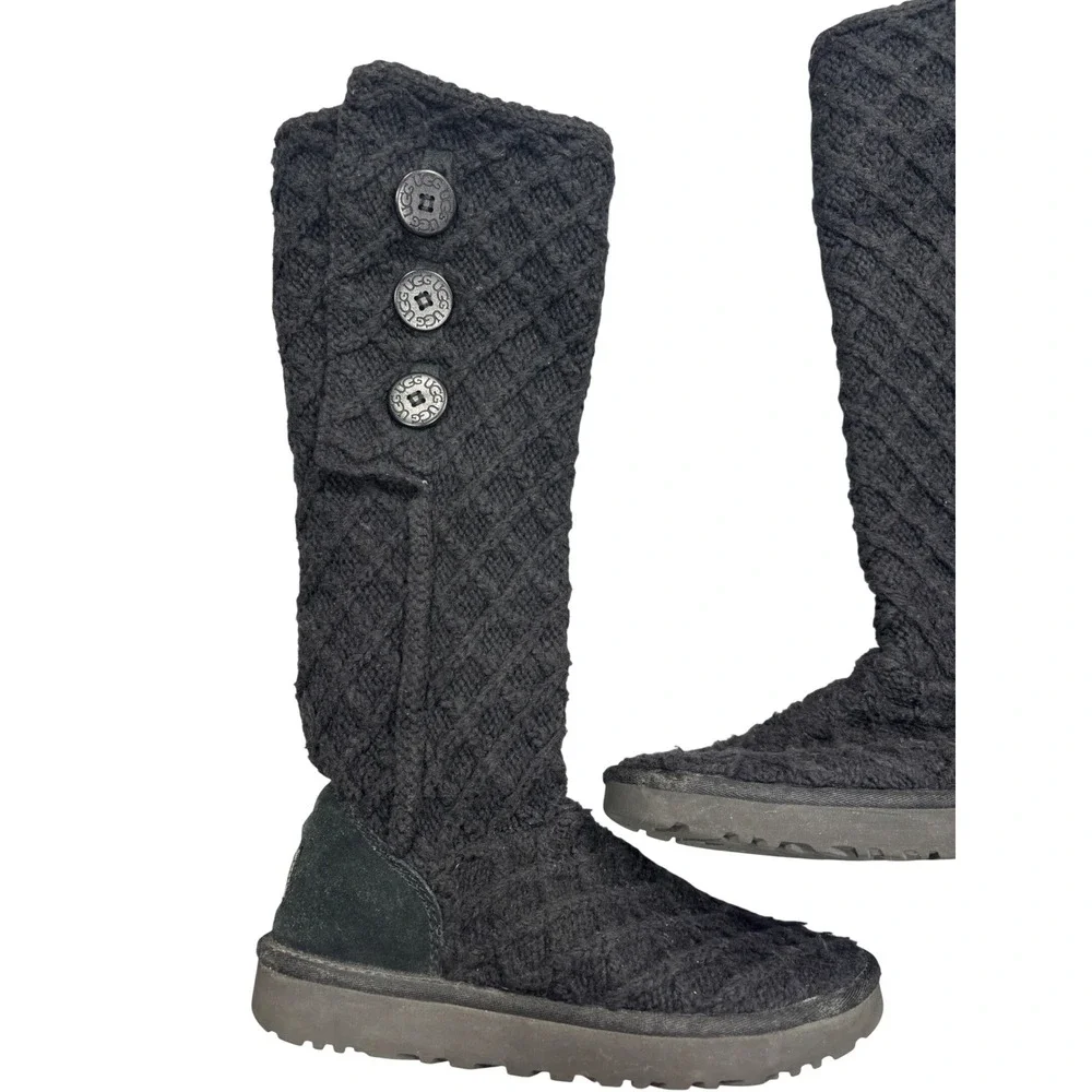 UGG Cardy Lattice Womens 9 Wool‎ Black Knit Button Tall Boots Classic Tall
